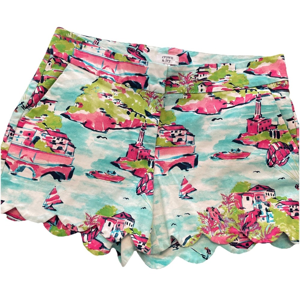 Crown & Ivy Sz 6 Colorful Beach Seascape STRETCH Shorts Women's SCALLOPED EUC